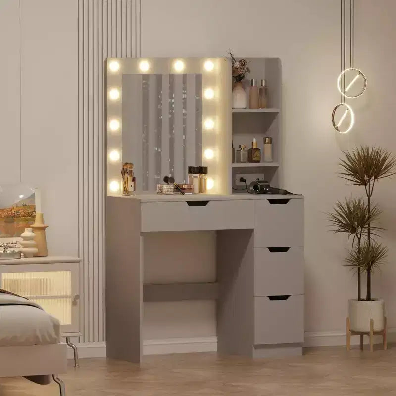 Toeletta Trucco con Specchio Illuminato e 4 Cassetti – Grigio, 140 cm H, Tavolo da Trucco per Camera da Letto