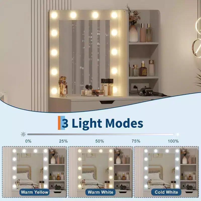 Toeletta Trucco con Specchio Illuminato e 4 Cassetti – Grigio, 140 cm H, Tavolo da Trucco per Camera da Letto