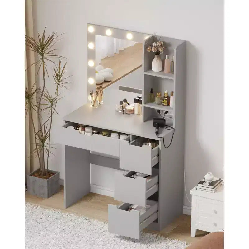 Toeletta Trucco con Specchio Illuminato e 4 Cassetti – Grigio, 140 cm H, Tavolo da Trucco per Camera da Letto