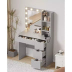 Toeletta Trucco con Specchio Illuminato e 4 Cassetti – Grigio, 140 cm H, Tavolo da Trucco per Camera da Letto