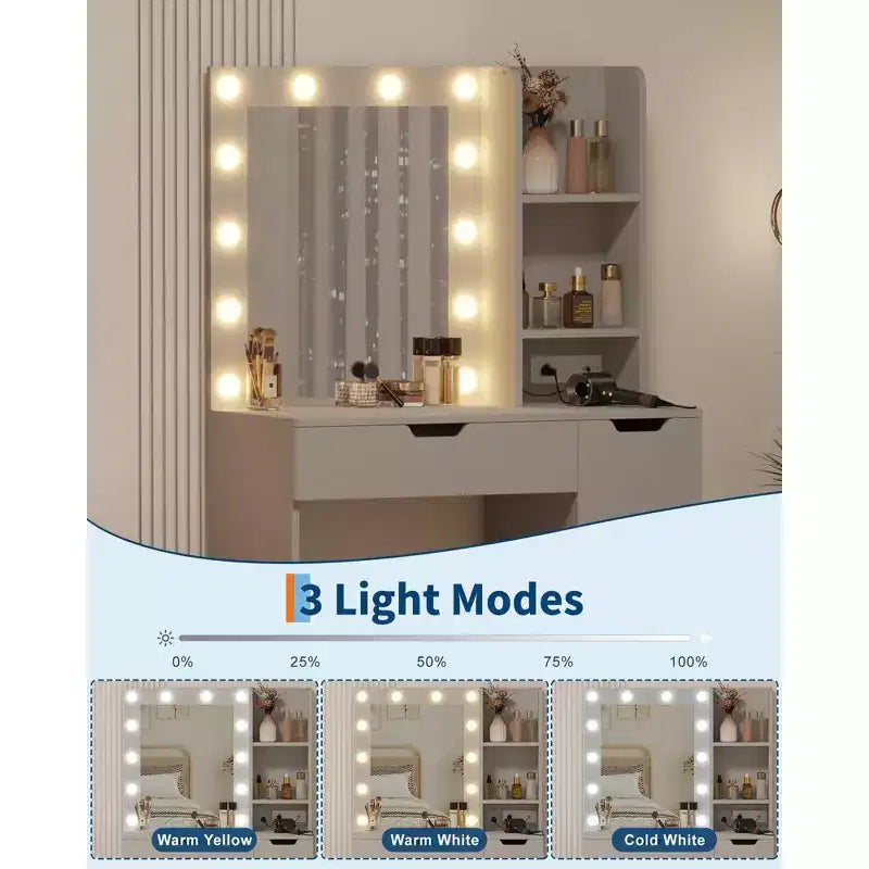 Toeletta Trucco con Specchio Illuminato e 4 Cassetti – Grigio, 140 cm H, Tavolo da Trucco per Camera da Letto