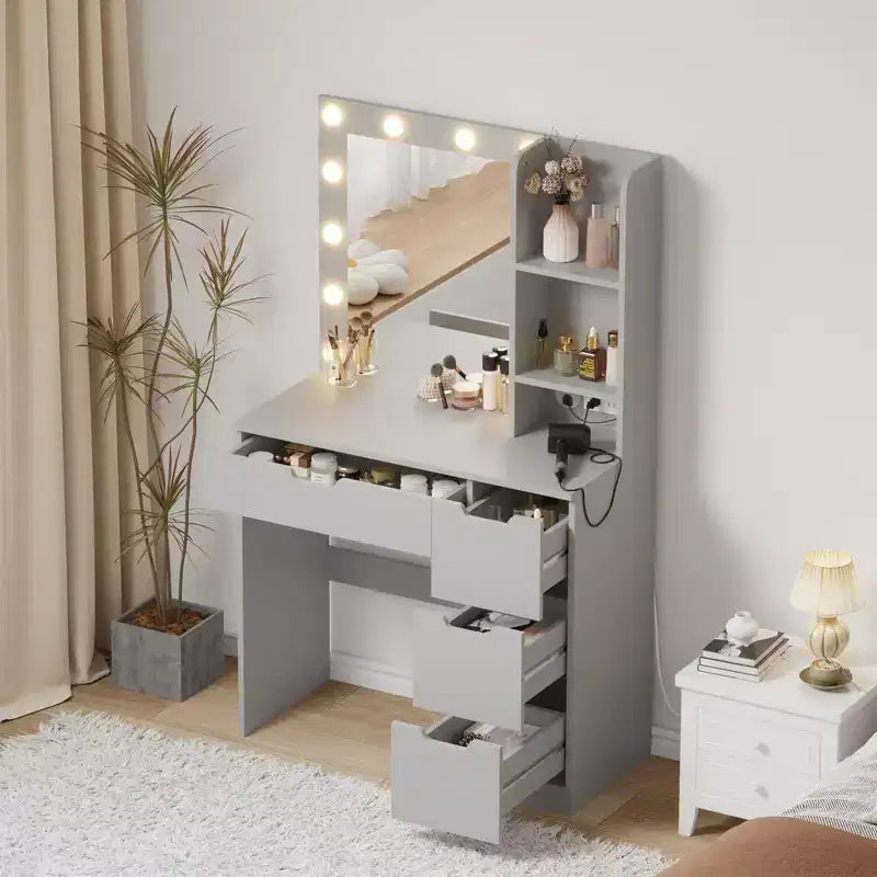 Toeletta Trucco con Specchio Illuminato e 4 Cassetti – Grigio, 140 cm H, Tavolo da Trucco per Camera da Letto