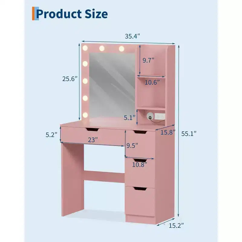 Toeletta Trucco con Specchio Illuminato e 4 Cassetti – Grigio, 140 cm H, Tavolo da Trucco per Camera da Letto