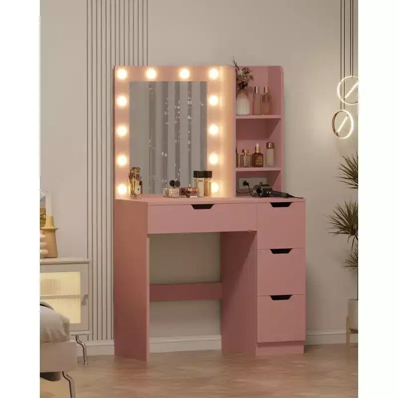 Toeletta Trucco con Specchio Illuminato e 4 Cassetti – Grigio, 140 cm H, Tavolo da Trucco per Camera da Letto