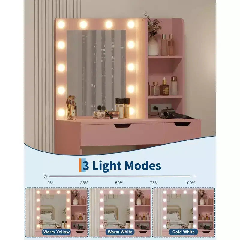 Toeletta Trucco con Specchio Illuminato e 4 Cassetti – Grigio, 140 cm H, Tavolo da Trucco per Camera da Letto