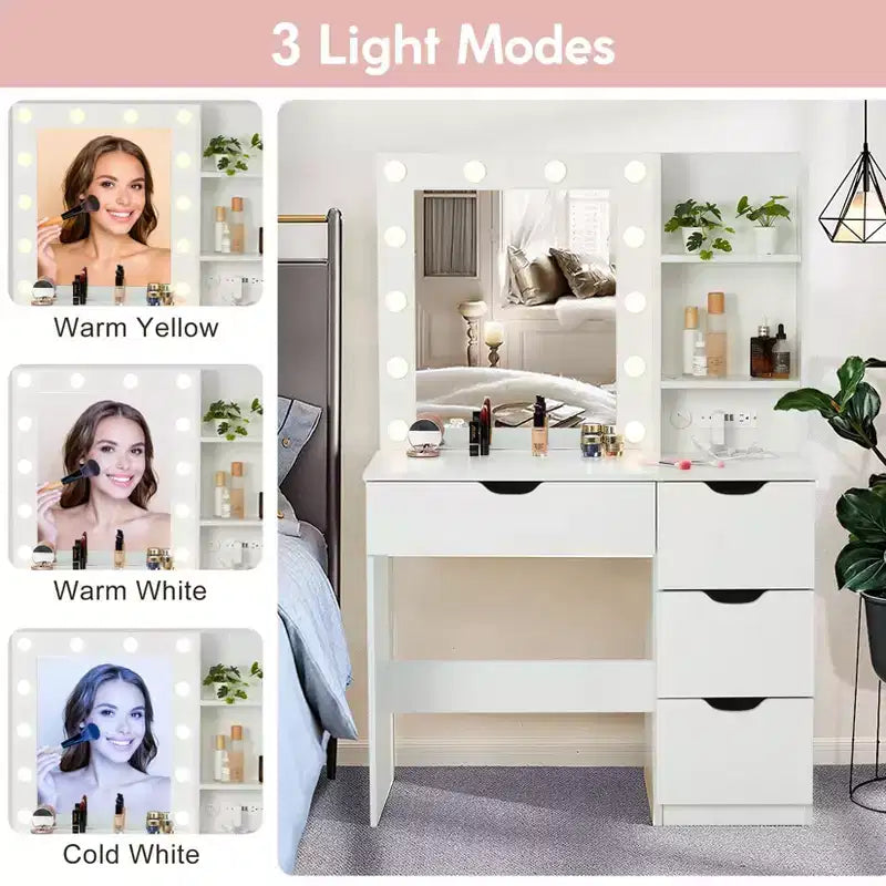 Toeletta Trucco con Specchio Illuminato e 4 Cassetti – Grigio, 140 cm H, Tavolo da Trucco per Camera da Letto