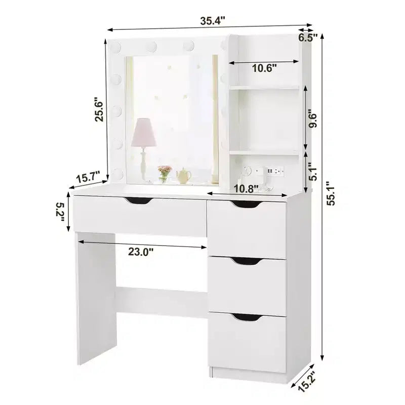 Toeletta Trucco con Specchio Illuminato e 4 Cassetti – Grigio, 140 cm H, Tavolo da Trucco per Camera da Letto