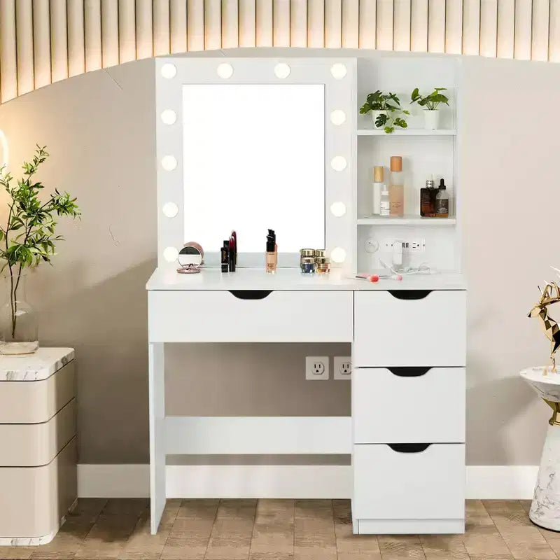 Toeletta Trucco con Specchio Illuminato e 4 Cassetti – Grigio, 140 cm H, Tavolo da Trucco per Camera da Letto