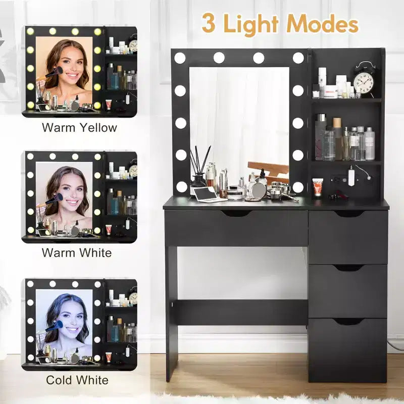 Toeletta Trucco con Specchio Illuminato e 4 Cassetti – Grigio, 140 cm H, Tavolo da Trucco per Camera da Letto