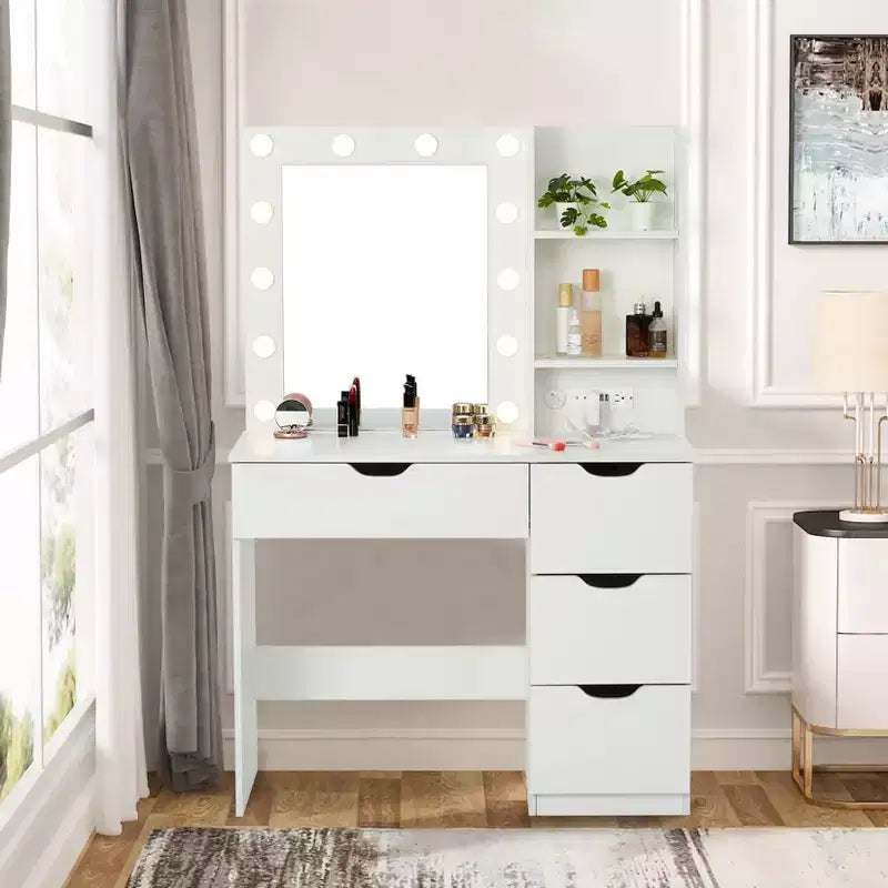 Toeletta Trucco con Specchio Illuminato e 4 Cassetti – Grigio, 140 cm H, Tavolo da Trucco per Camera da Letto