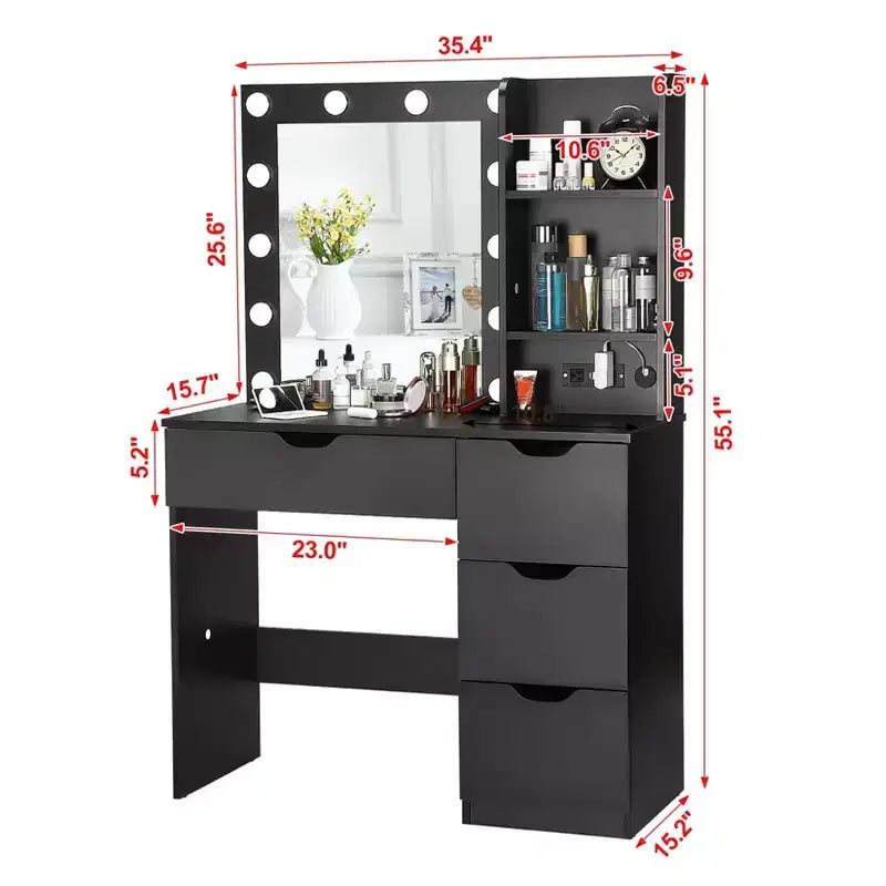Toeletta Trucco con Specchio Illuminato e 4 Cassetti – Grigio, 140 cm H, Tavolo da Trucco per Camera da Letto