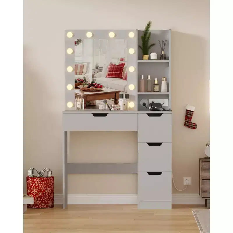 Toeletta Trucco con Specchio Illuminato e 4 Cassetti – Grigio, 140 cm H, Tavolo da Trucco per Camera da Letto