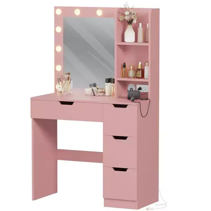 Toeletta Trucco con Specchio Illuminato e 4 Cassetti – Grigio, 140 cm H, Tavolo da Trucco per Camera da Letto