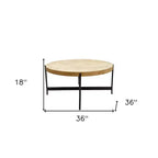Tavolino da caffè rotondo 36" in legno anticato e ferro – Naturale e Nero, capacità 113 kg, impiallacciatura in radica