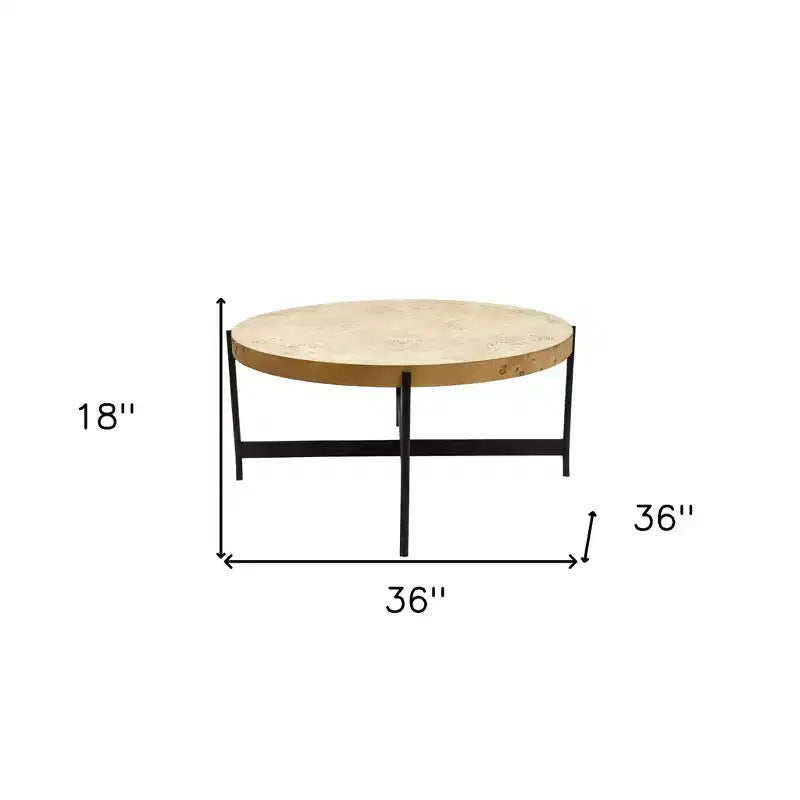 Tavolino da caffè rotondo 36" in legno anticato e ferro – Naturale e Nero, capacità 113 kg, impiallacciatura in radica