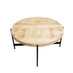 Tavolino da caffè rotondo 36" in legno anticato e ferro – Naturale e Nero, capacità 113 kg, impiallacciatura in radica