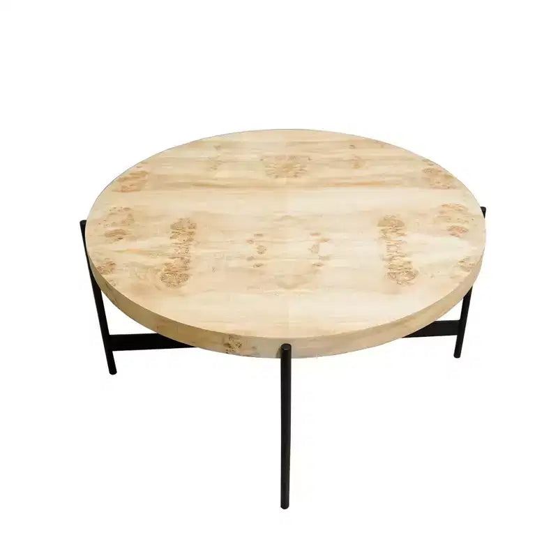 Tavolino da caffè rotondo 36" in legno anticato e ferro – Naturale e Nero, capacità 113 kg, impiallacciatura in radica