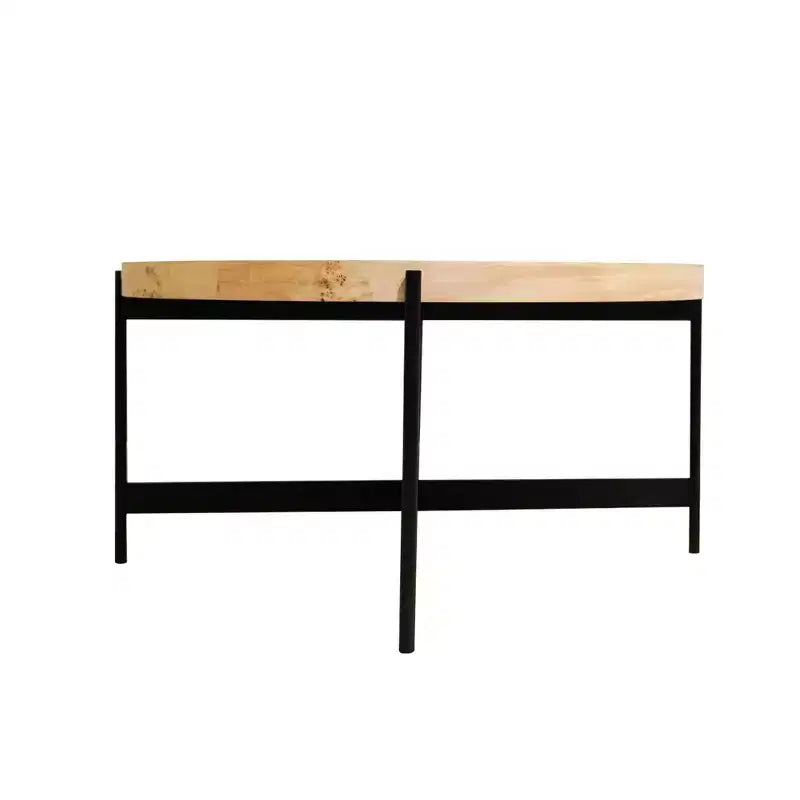 Tavolino da caffè rotondo 36" in legno anticato e ferro – Naturale e Nero, capacità 113 kg, impiallacciatura in radica