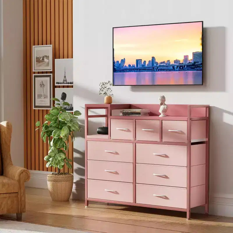 Cassettiera in tessuto a 39 cassetti, cassettiera moderna con stazione di ricarica, cassettiera con 9 cassetti e ripiano, cassettiera porta TV per camera da letto, soggiorno
