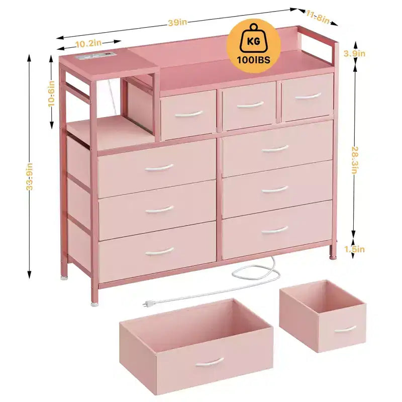Cassettiera in tessuto a 39 cassetti, cassettiera moderna con stazione di ricarica, cassettiera con 9 cassetti e ripiano, cassettiera porta TV per camera da letto, soggiorno