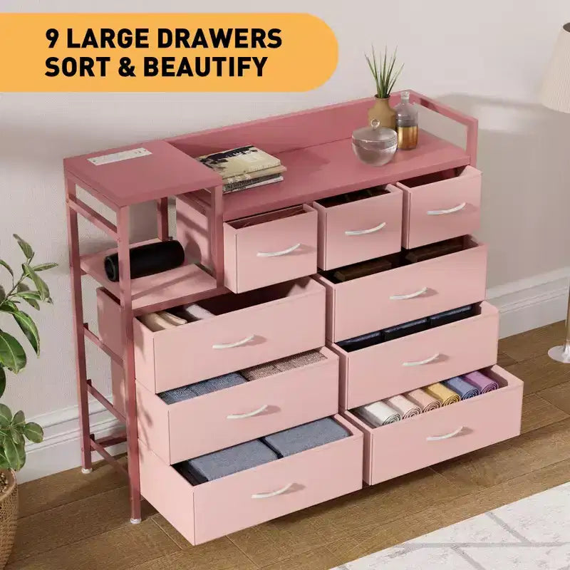 Cassettiera in tessuto a 39 cassetti, cassettiera moderna con stazione di ricarica, cassettiera con 9 cassetti e ripiano, cassettiera porta TV per camera da letto, soggiorno