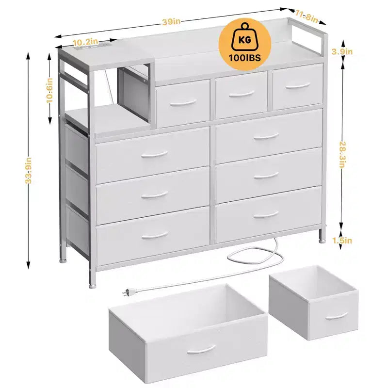 Cassettiera in tessuto a 39 cassetti, cassettiera moderna con stazione di ricarica, cassettiera con 9 cassetti e ripiano, cassettiera porta TV per camera da letto, soggiorno
