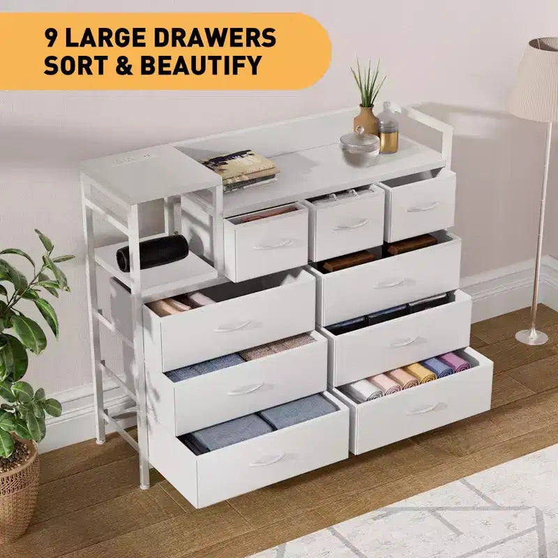 Cassettiera in tessuto a 39 cassetti, cassettiera moderna con stazione di ricarica, cassettiera con 9 cassetti e ripiano, cassettiera porta TV per camera da letto, soggiorno