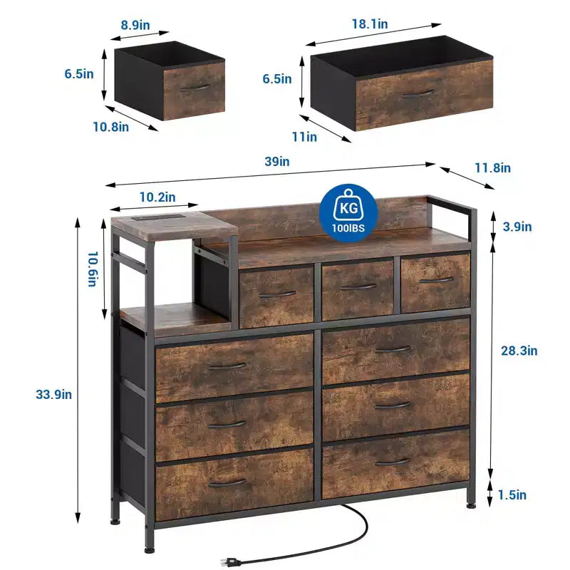 Cassettiera in tessuto a 39 cassetti, cassettiera moderna con stazione di ricarica, cassettiera con 9 cassetti e ripiano, cassettiera porta TV per camera da letto, soggiorno