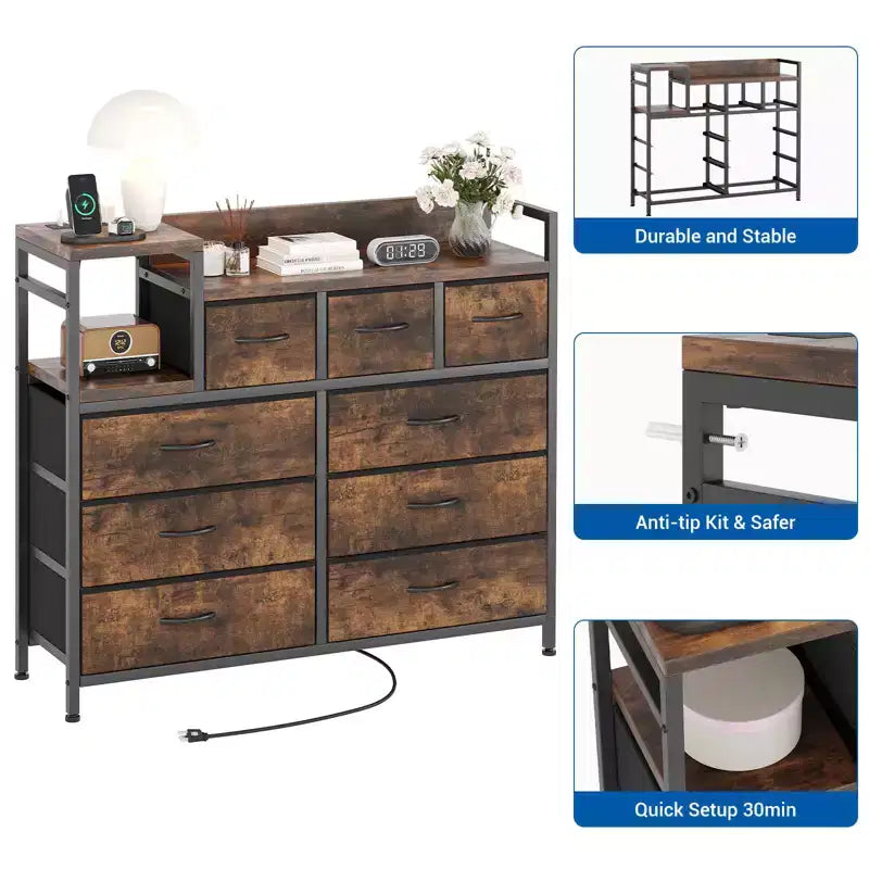 Cassettiera in tessuto a 39 cassetti, cassettiera moderna con stazione di ricarica, cassettiera con 9 cassetti e ripiano, cassettiera porta TV per camera da letto, soggiorno