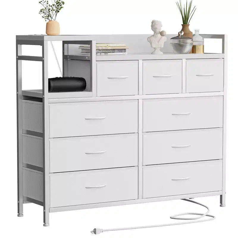 Cassettiera in tessuto a 39 cassetti, cassettiera moderna con stazione di ricarica, cassettiera con 9 cassetti e ripiano, cassettiera porta TV per camera da letto, soggiorno