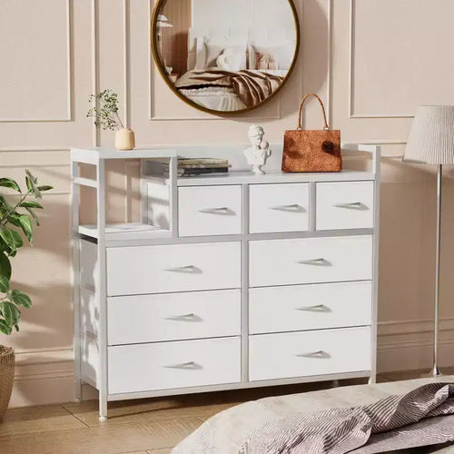 39 Fabric Drawer Dresser, Modern Dresser with Charging Station, Chest of Drawers with 9 Drawers and Shelf, Tv Stand Dresser for Bedroom, Living Room