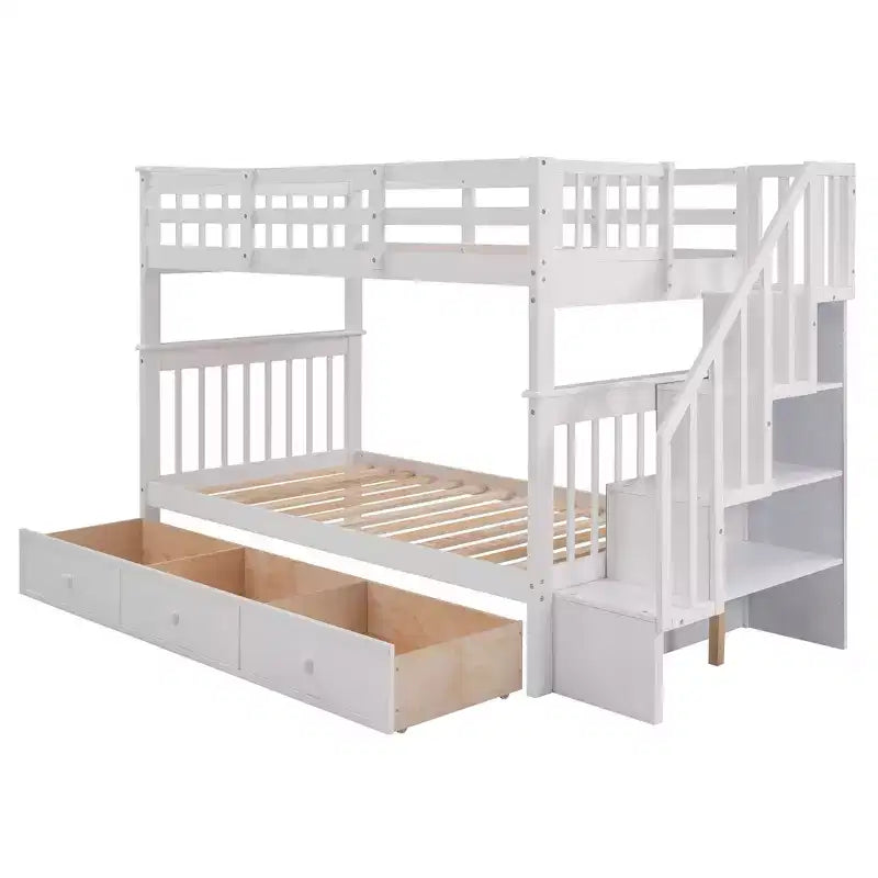 Letto a castello a due piazze con scaletta e tre cassetti per camera da letto, dormitorio - Bianco