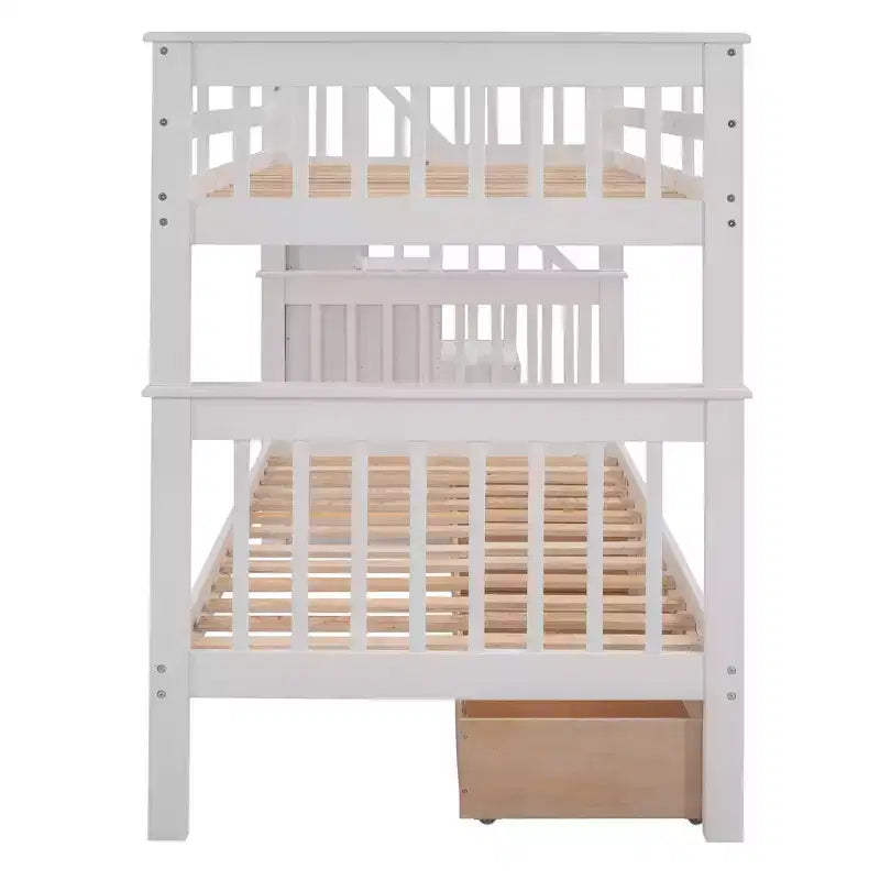 Letto a castello a due piazze con scaletta e tre cassetti per camera da letto, dormitorio - Bianco