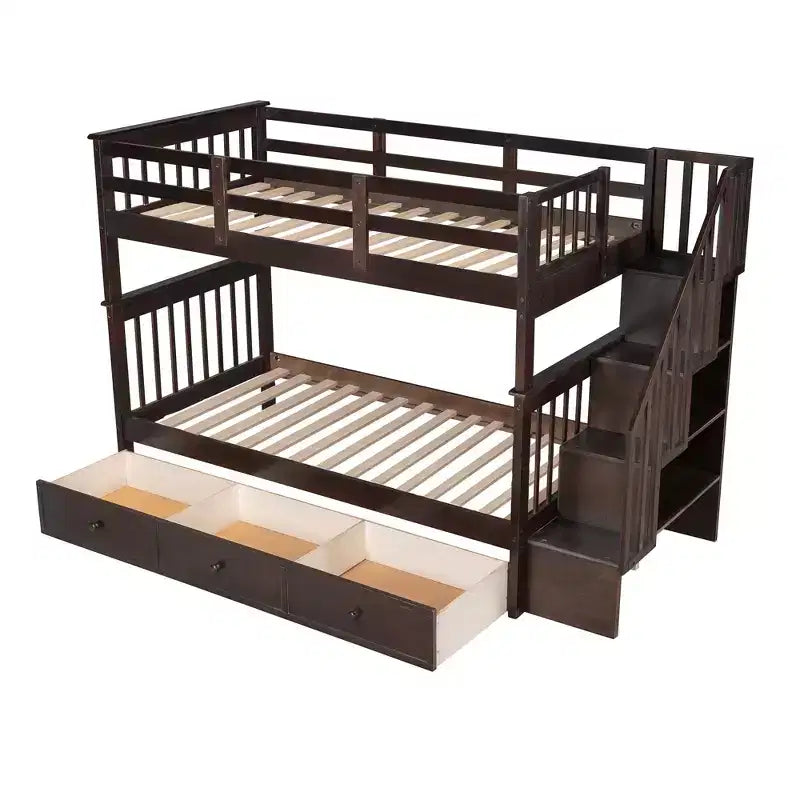 Letto a castello a due piazze con scaletta e tre cassetti per camera da letto, dormitorio - Bianco