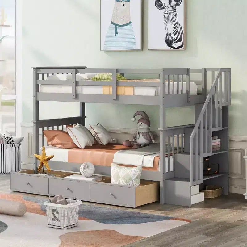 Letto a castello a due piazze con scaletta e tre cassetti per camera da letto, dormitorio - Bianco