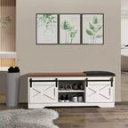 Shoe Storage Bench with Sliding Door, 47 Inch Farmhouse Shoe Bench with Cushion and Hidden Storage Compartment for Entryway, Living Room, Bedroom