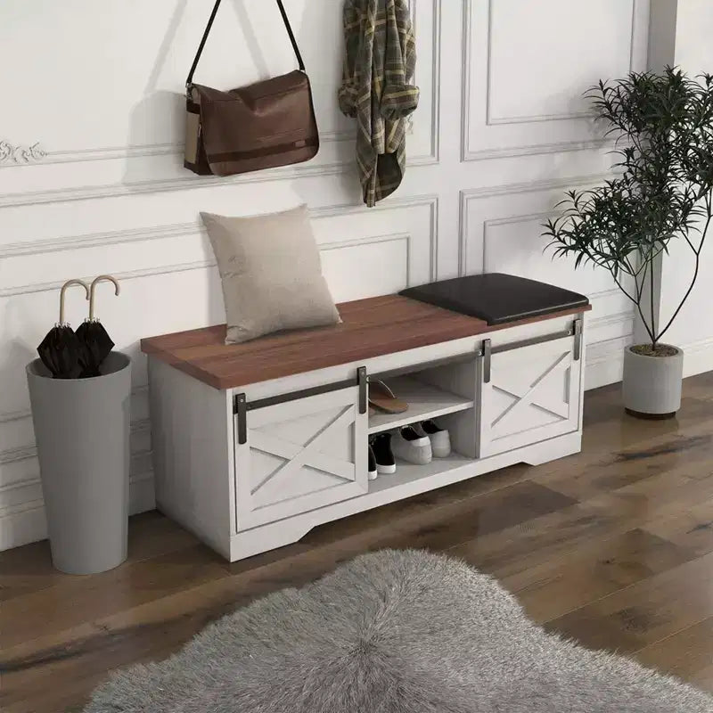 Panca scarpiera con anta scorrevole, panca scarpiera da 120 cm in stile rustico con cuscino e vano portaoggetti nascosto per ingresso, soggiorno, camera da letto