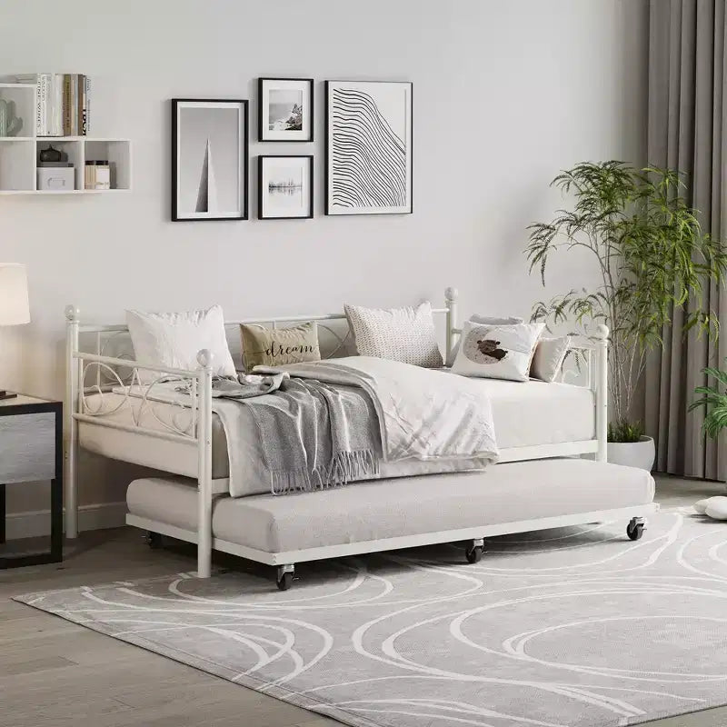 Twin Size Metal Day Bed with Floral Headboard, Modern Metal Sofe Bed Frame with Pull-Out Trundle, Heavy Duty Steel Slats Supports for Living Room