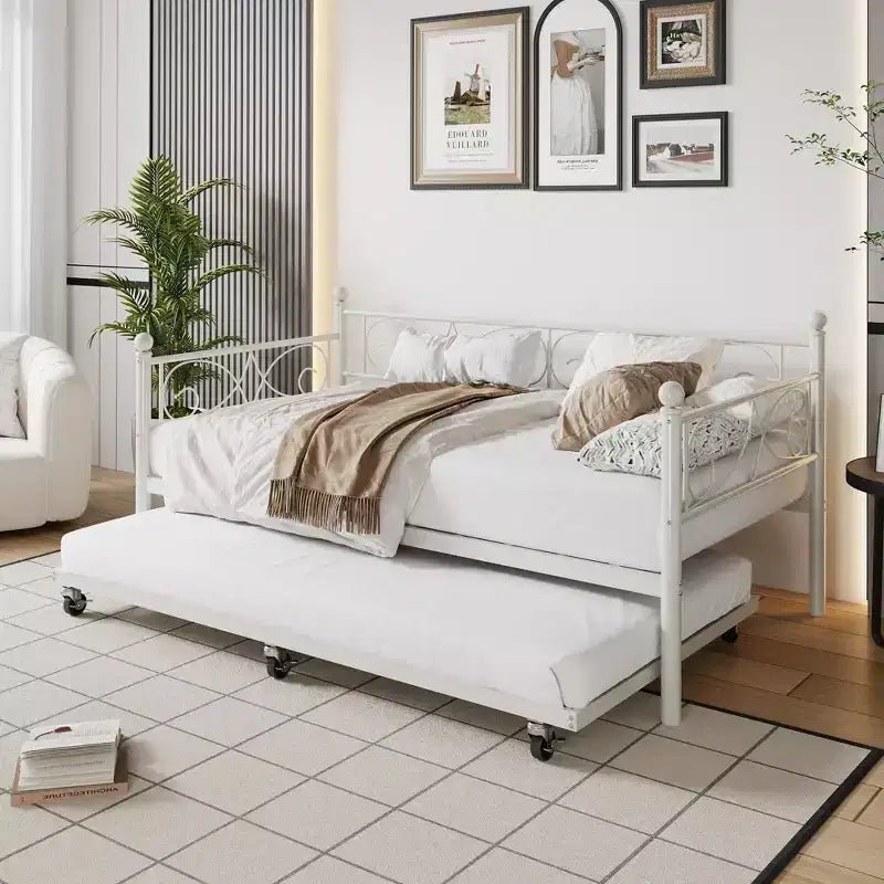 Letto Divano in Metallo per una Piazza con Testiera Floreale, Moderno Telaio Letto Divano in Metallo con Letto Estraibile, Supporto Robusto a Doghe in Acciaio per Soggiorno