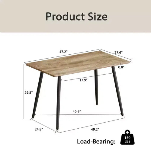 Tavolo da Pranzo Rettangolare Moderno da 120 cm – Piano in MDF, Gambe in Metallo Nero, 4 Posti, Impermeabile