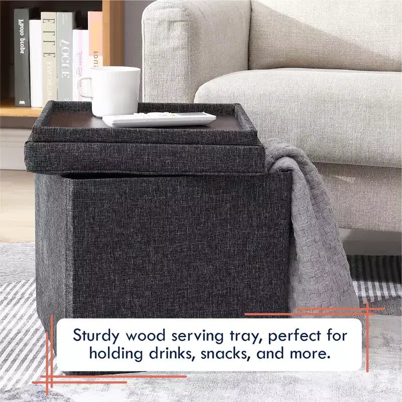 Pouf Contenitore Quadrato Pieghevole da 15" con Coperchio/Vassoio Reversibile – Lino Capitonnè, Multiuso
