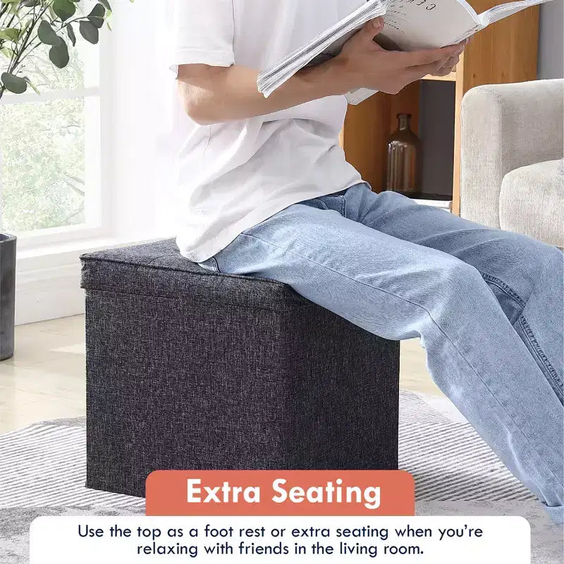 Pouf Contenitore Quadrato Pieghevole da 15" con Coperchio/Vassoio Reversibile – Lino Capitonnè, Multiuso
