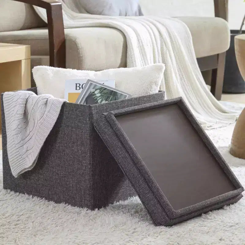 Pouf Contenitore Quadrato Pieghevole da 15" con Coperchio/Vassoio Reversibile – Lino Capitonnè, Multiuso