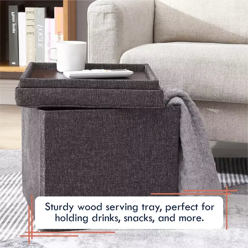 Pouf Contenitore Quadrato Pieghevole da 15" con Coperchio/Vassoio Reversibile – Lino Capitonnè, Multiuso