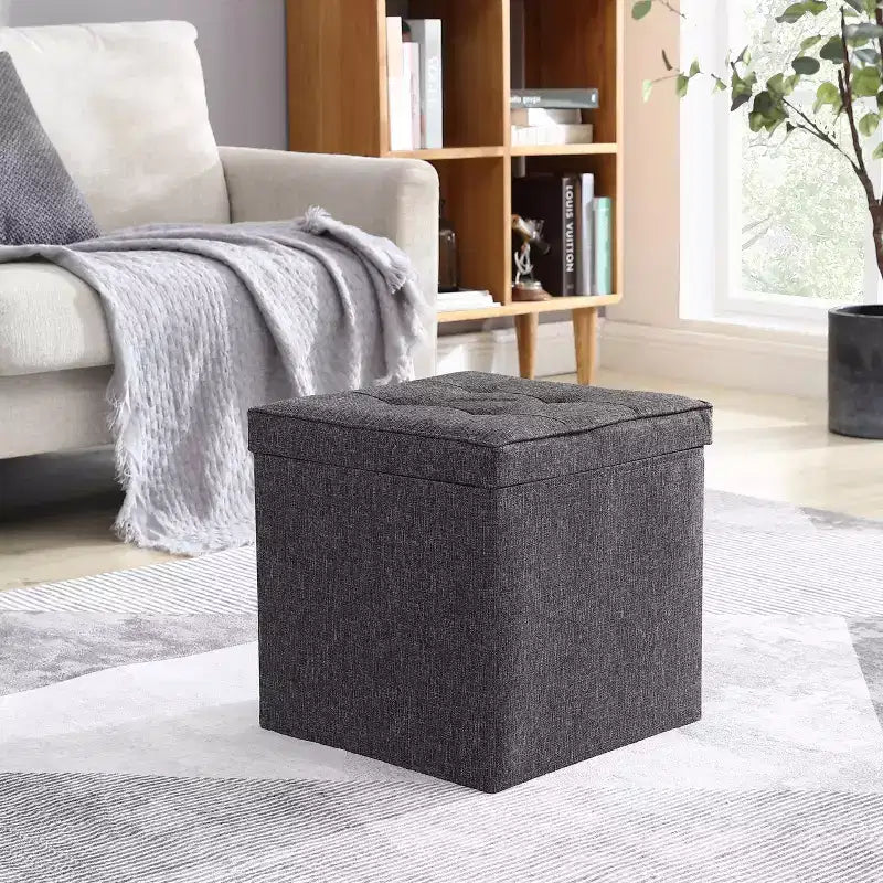 Pouf Contenitore Quadrato Pieghevole da 15" con Coperchio/Vassoio Reversibile – Lino Capitonnè, Multiuso