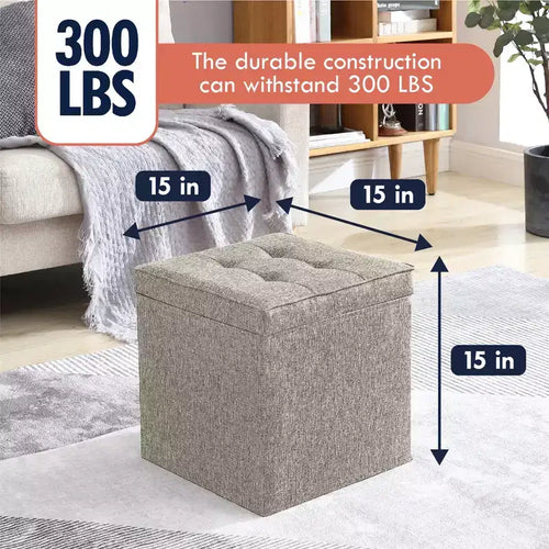 Pouf Contenitore Quadrato Pieghevole da 15" con Coperchio/Vassoio Reversibile – Lino Capitonnè, Multiuso