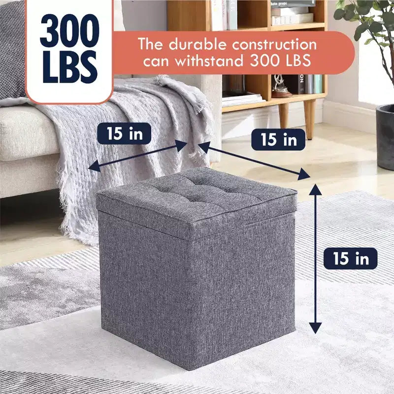 Pouf Contenitore Quadrato Pieghevole da 15" con Coperchio/Vassoio Reversibile – Lino Capitonnè, Multiuso