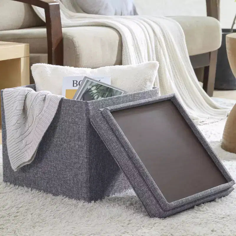 Pouf Contenitore Quadrato Pieghevole da 15" con Coperchio/Vassoio Reversibile – Lino Capitonnè, Multiuso