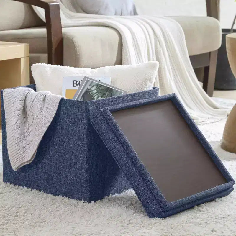 Pouf Contenitore Quadrato Pieghevole da 15" con Coperchio/Vassoio Reversibile – Lino Capitonnè, Multiuso