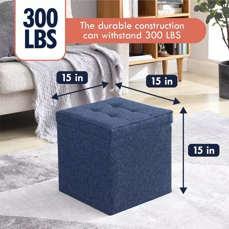 Pouf Contenitore Quadrato Pieghevole da 15" con Coperchio/Vassoio Reversibile – Lino Capitonnè, Multiuso